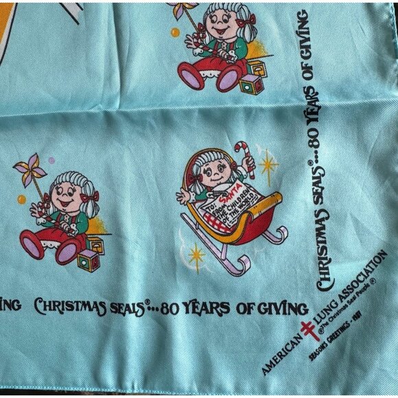 Vtg 80s American Lung Association ALA Christmas Seals SANTA Bandana Scarf Blue - Picture 9 of 9